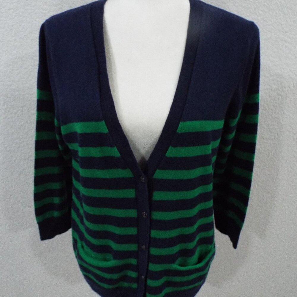 Gap Women's Navy/ Kelly Green 3/4 Sleeve Striped V-Neck Button Up Cardigan Med